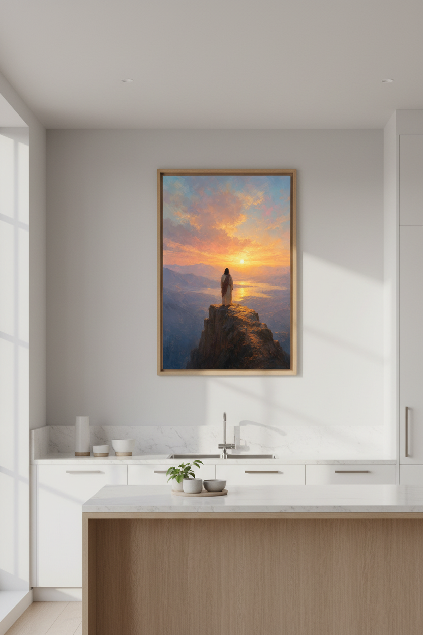 Jesus Landscape Art Print | Christian Sunset Mountain Poster | Modern Religious Decor