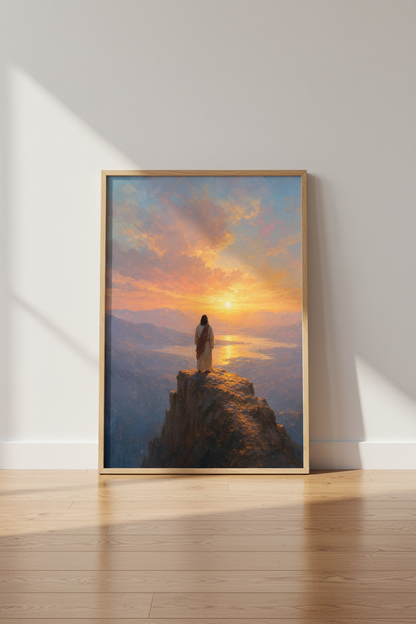 Jesus Landscape Art Print | Christian Sunset Mountain Poster | Modern Religious Decor