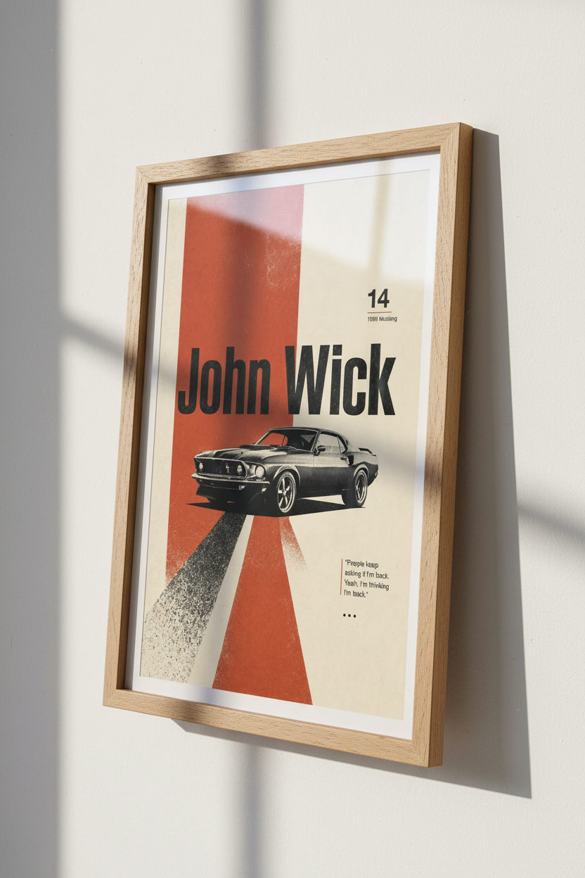 John Wick 1969 Mustang Poster | Minimalist Muscle Car Wall Art, Man Cave Decor