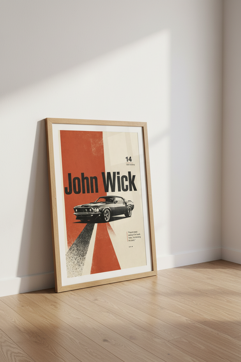 John Wick 1969 Mustang Poster | Minimalist Muscle Car Wall Art, Man Cave Decor