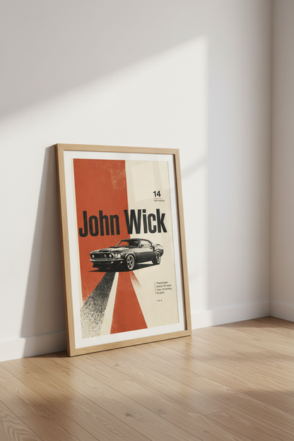 John Wick 1969 Mustang Poster | Minimalist Muscle Car Wall Art, Man Cave Decor