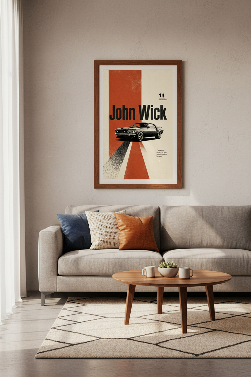 John Wick 1969 Mustang Poster | Minimalist Muscle Car Wall Art, Man Cave Decor