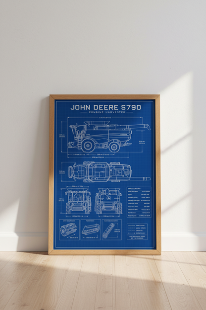 Combine Harvester Blueprint | John Deere S790 Technical Poster, Farmhouse Wall Art