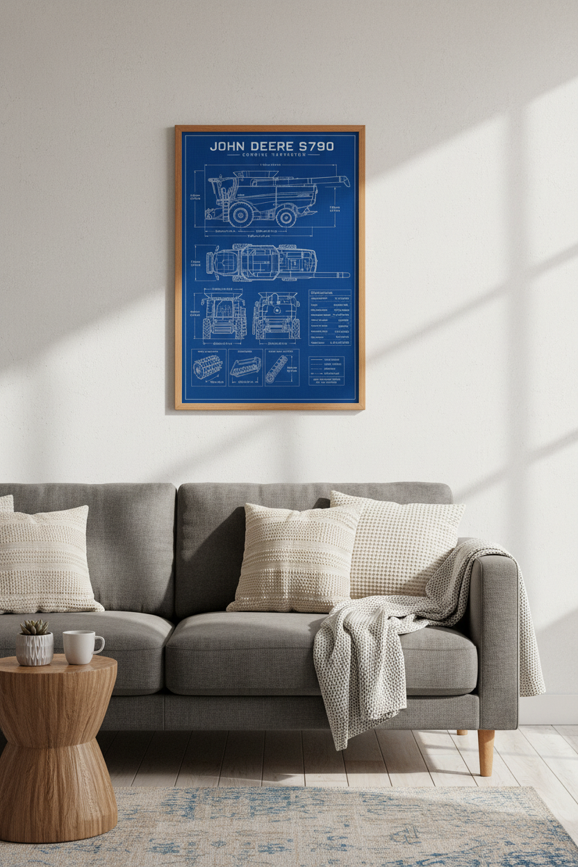 Combine Harvester Blueprint | John Deere S790 Technical Poster, Farmhouse Wall Art