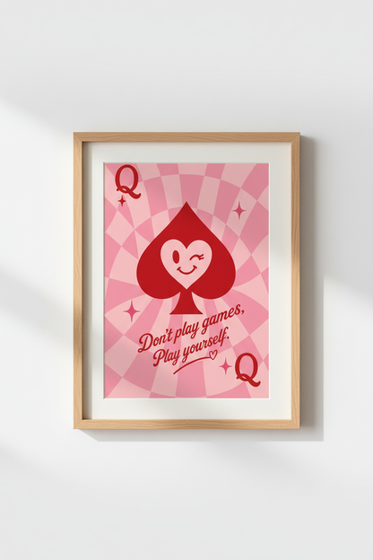 Pink Retro Queen Wall Art | Preppy Playing Card Poster, Trendy Dorm Room Decor