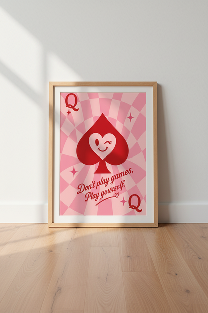 Pink Retro Queen Wall Art | Preppy Playing Card Poster, Trendy Dorm Room Decor