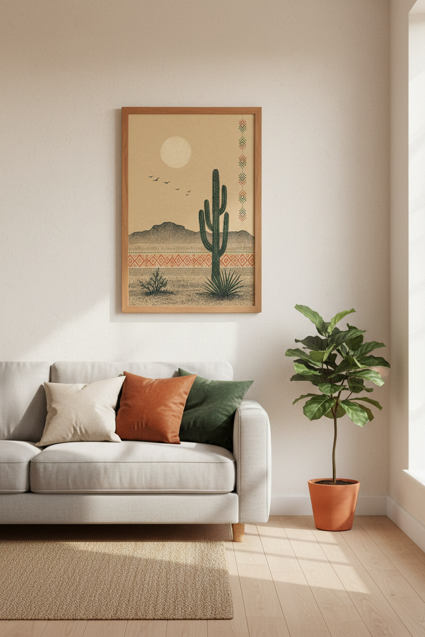 Southwest Cactus Wall Art | Boho Desert Landscape, Neutral Living Room Decor
