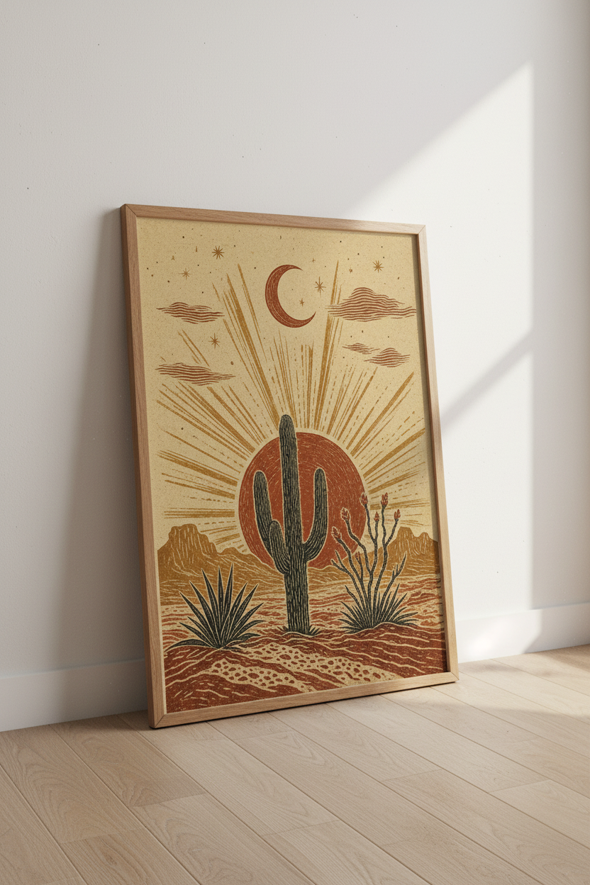 Desert Saguaro Cactus Wall Art | Boho Terracotta Sun &amp; Moon Decor | Western Poster