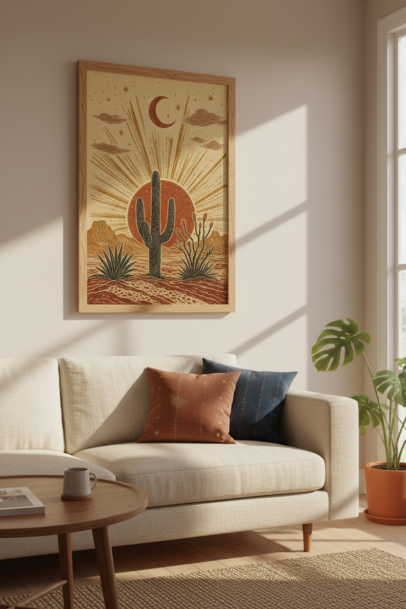 Desert Saguaro Cactus Wall Art | Boho Terracotta Sun &amp; Moon Decor | Western Poster