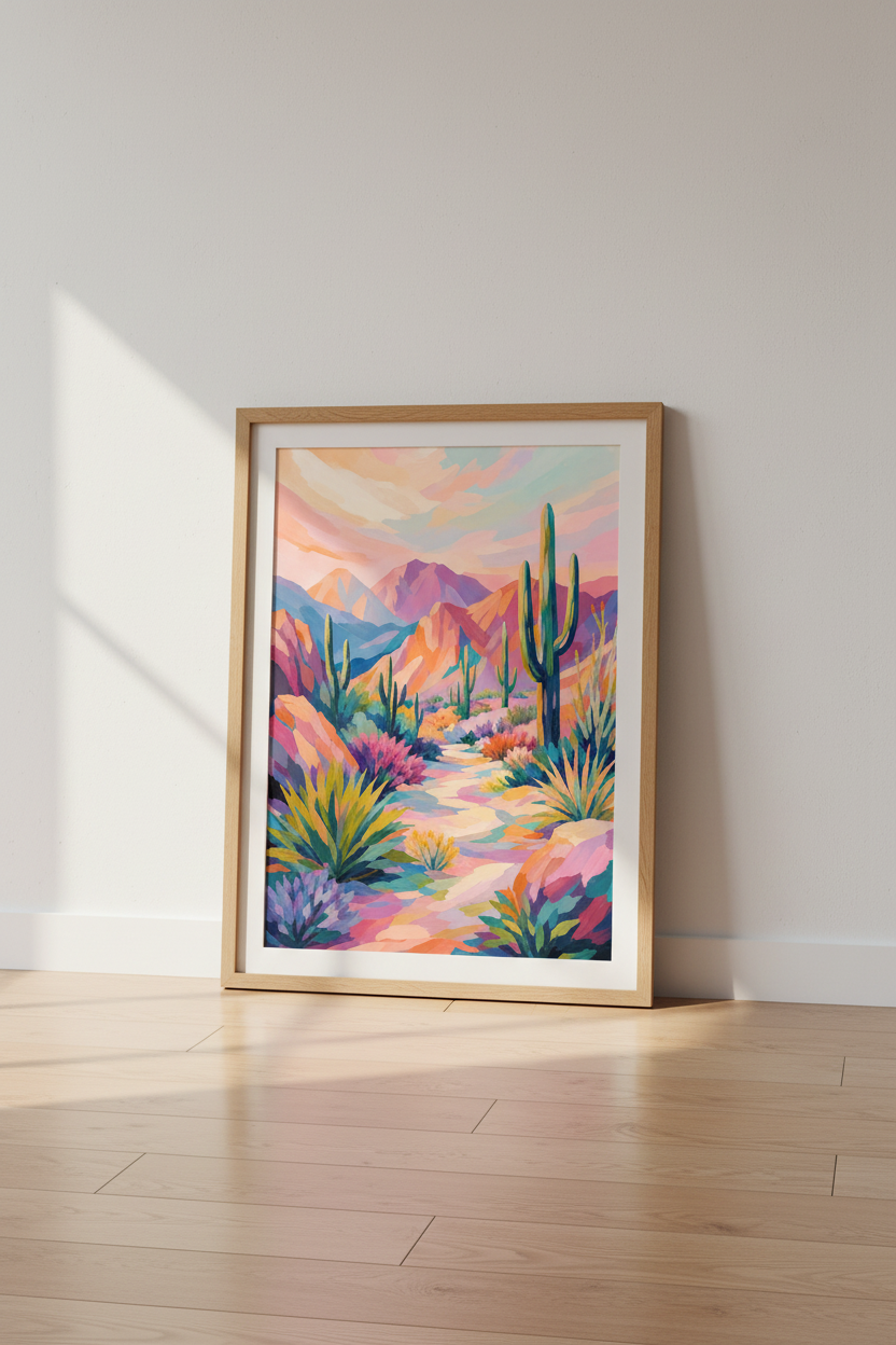Desert Landscape Wall Art | Colorful Cactus Pastel Poster, Boho Southwestern Decor