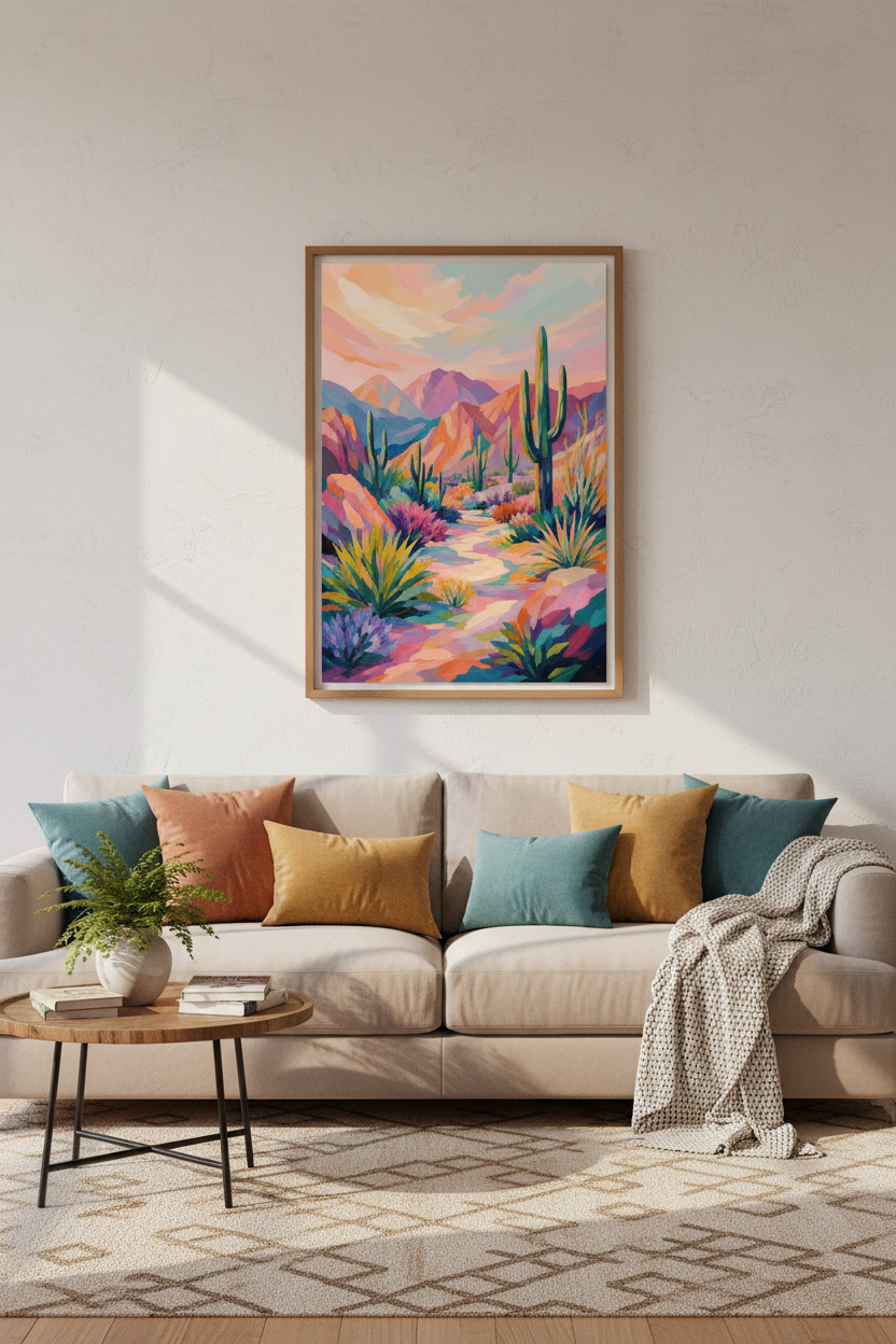 Desert Landscape Wall Art | Colorful Cactus Pastel Poster, Boho Southwestern Decor