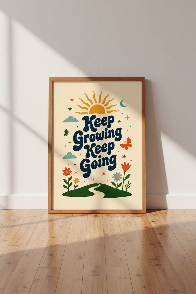 Keep Growing Keep Going Retro Art Print | Groovy Sun &amp; Flowers Poster | Motivational Decor