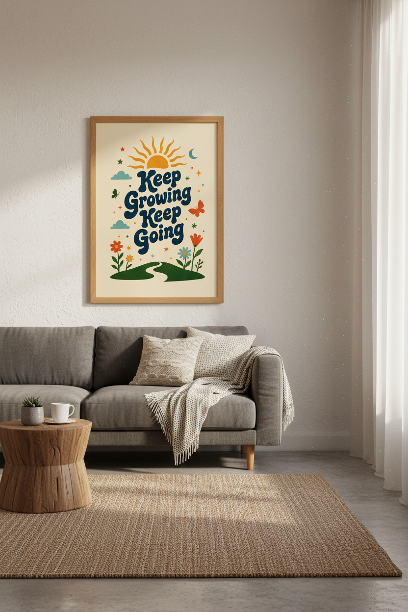 Keep Growing Keep Going Retro Art Print | Groovy Sun &amp; Flowers Poster | Motivational Decor