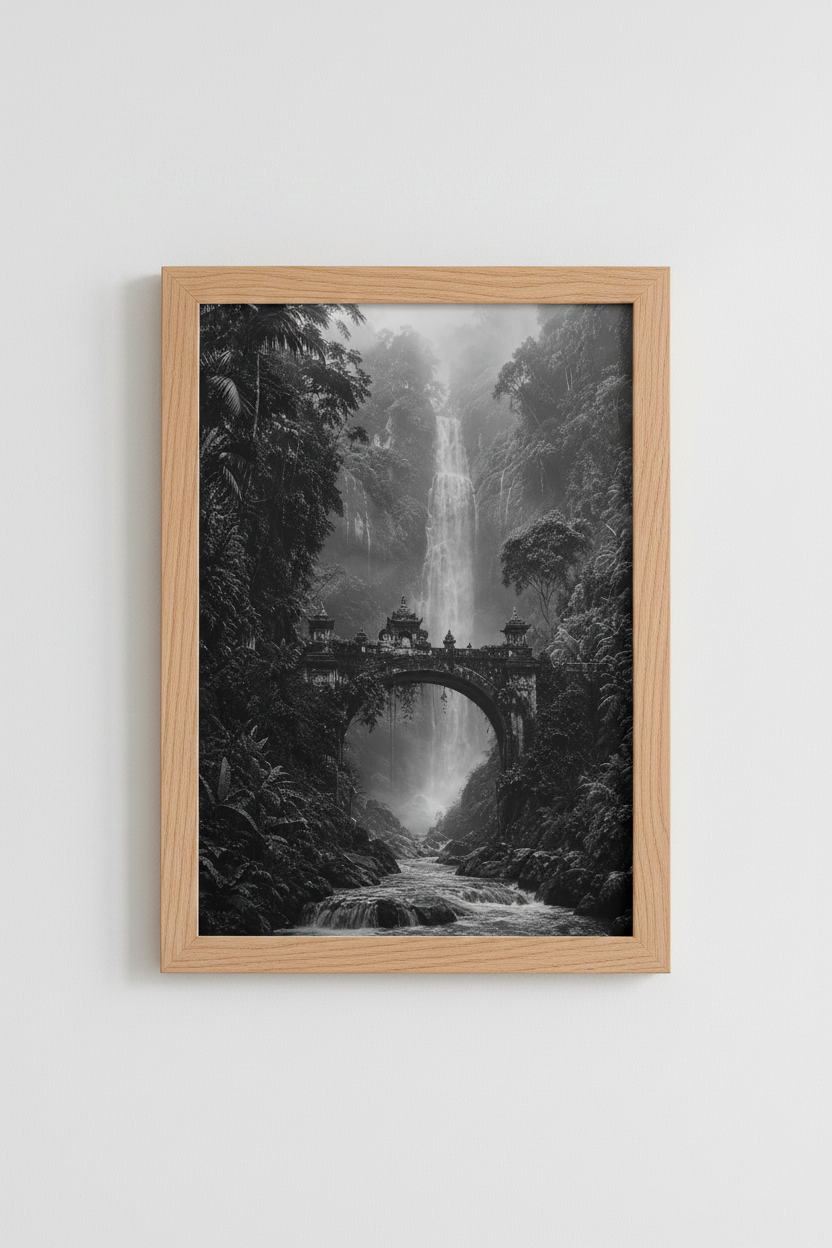 Dark Jungle Wall Art Print | Moody Waterfall Decor | Balinese Bridge Poster