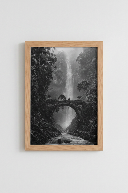 Dark Jungle Wall Art Print | Moody Waterfall Decor | Balinese Bridge Poster
