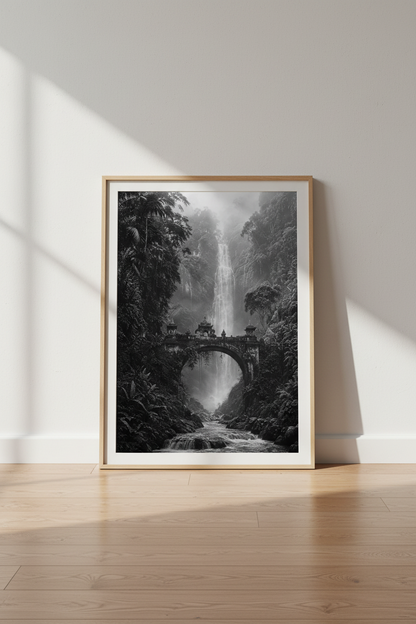 Dark Jungle Wall Art Print | Moody Waterfall Decor | Balinese Bridge Poster