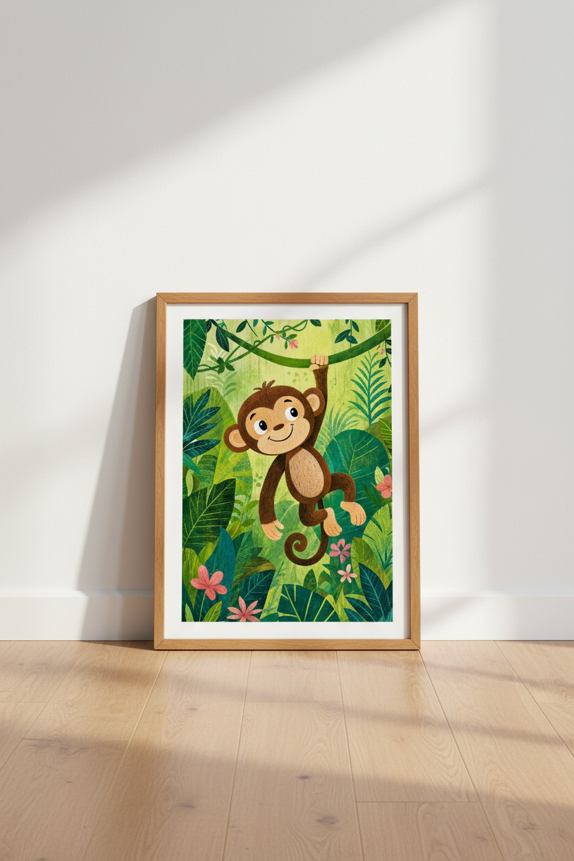 Monkey Jungle Wall Art | Cute Safari Animal Poster, Nursery &amp; Playroom Decor