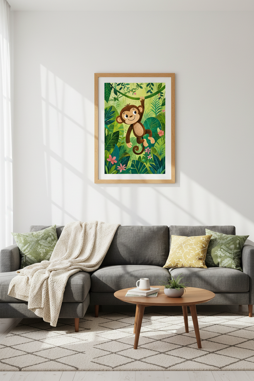 Monkey Jungle Wall Art | Cute Safari Animal Poster, Nursery &amp; Playroom Decor