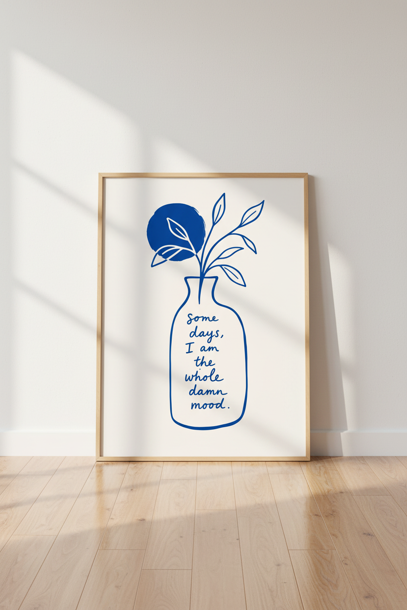 Blue Line Art Print | Minimalist Botanical Poster, Modern Mood Quote Wall Decor
