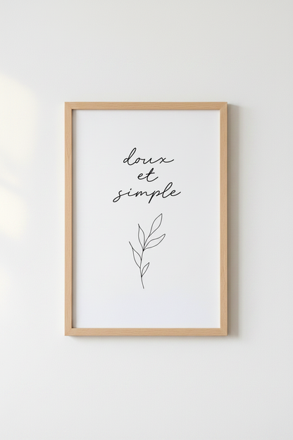 Doux et Simple French Quote Wall Art | Minimalist Botanical Poster | Modern Neutral Decor
