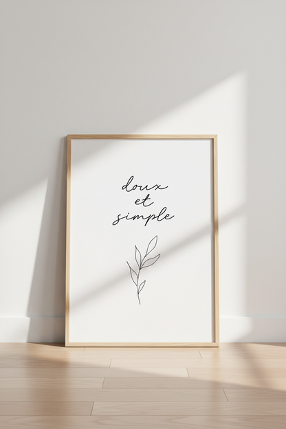 Doux et Simple French Quote Wall Art | Minimalist Botanical Poster | Modern Neutral Decor