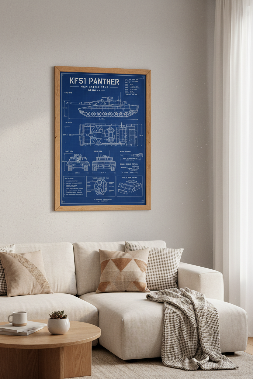 KF51 Panther Tank Blueprint Wall Art | Military Technical Poster, Office Decor