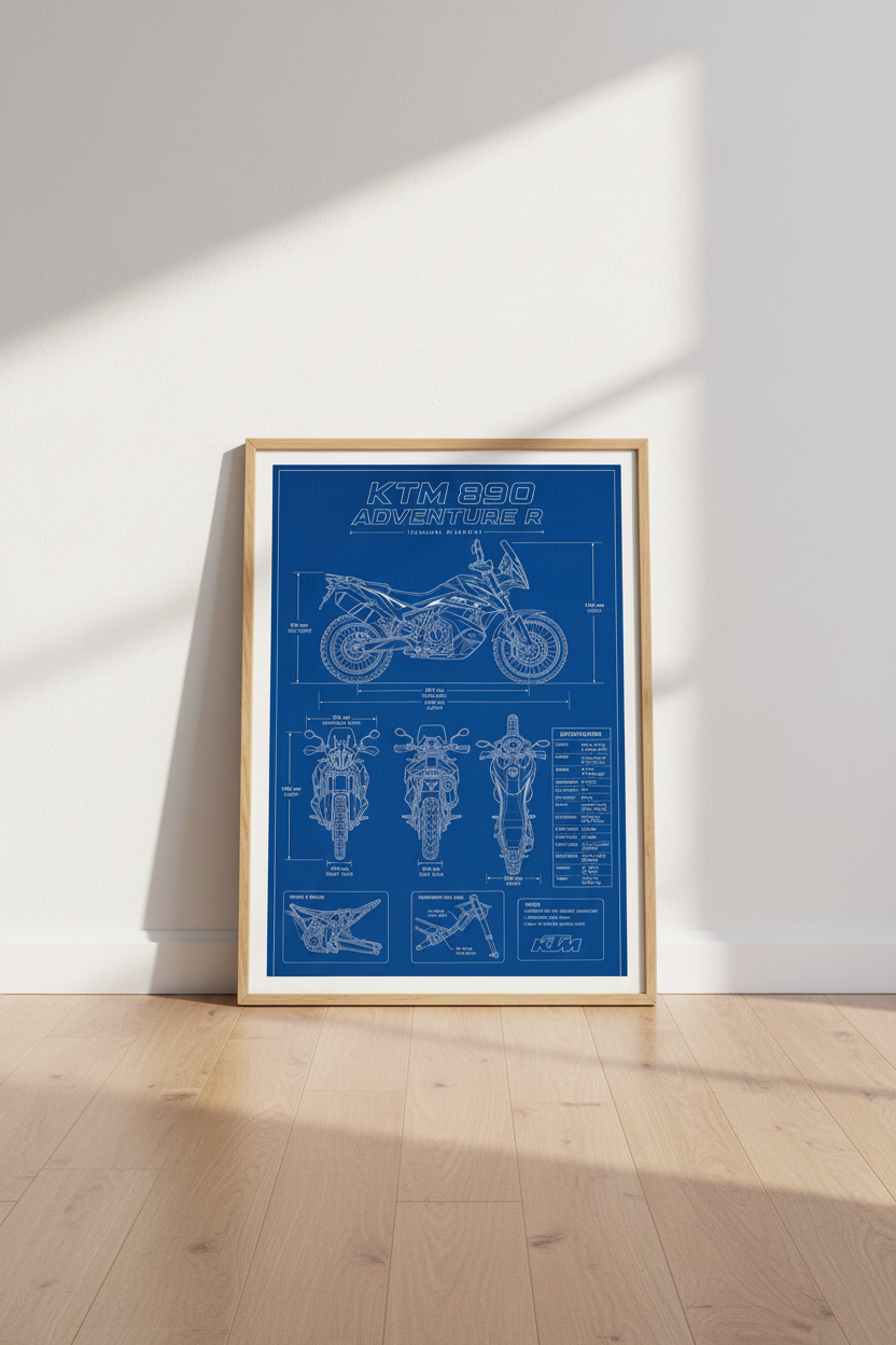 KTM 890 Adventure R Bike Blueprint | Technical Motorcycle Wall Art, Garage Decor Design