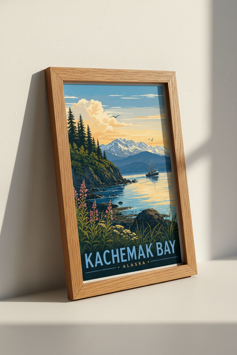 Kachemak Bay Alaska Travel Poster | Vintage Coastal Mountain Print, Living Room Wall Art