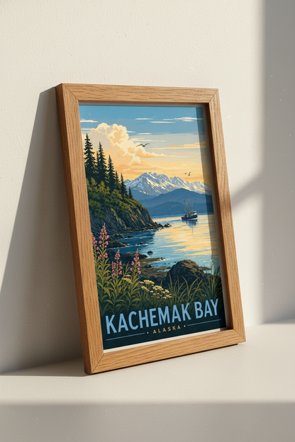 Kachemak Bay Alaska Travel Poster | Vintage Coastal Mountain Print, Living Room Wall Art