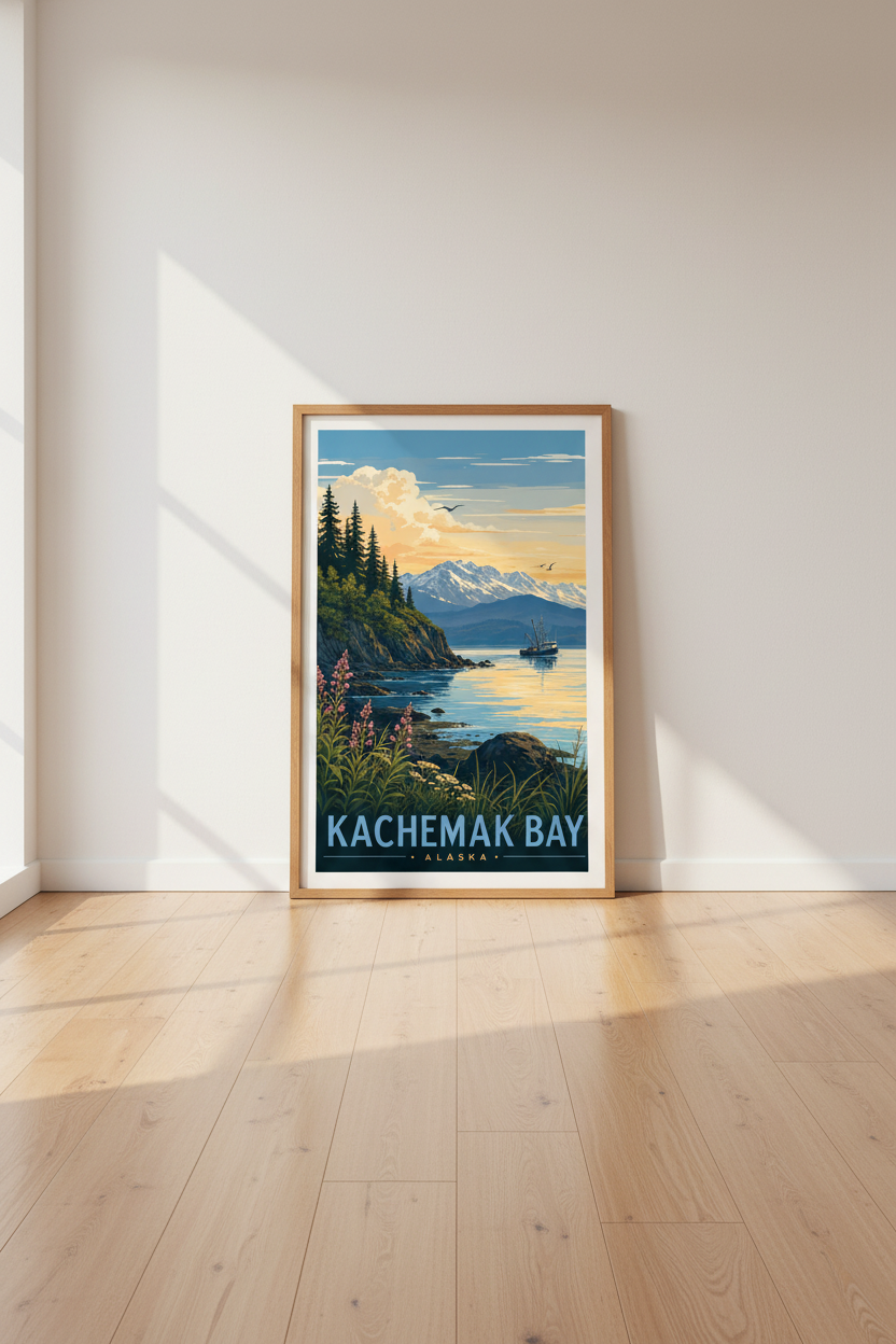 Kachemak Bay Alaska Travel Poster | Vintage Coastal Mountain Print, Living Room Wall Art