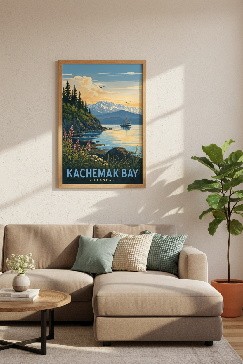 Kachemak Bay Alaska Travel Poster | Vintage Coastal Mountain Print, Living Room Wall Art