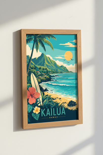 Kailua Hawaii Travel Poster | Vintage Retro Surf Print | Coastal Wall Art