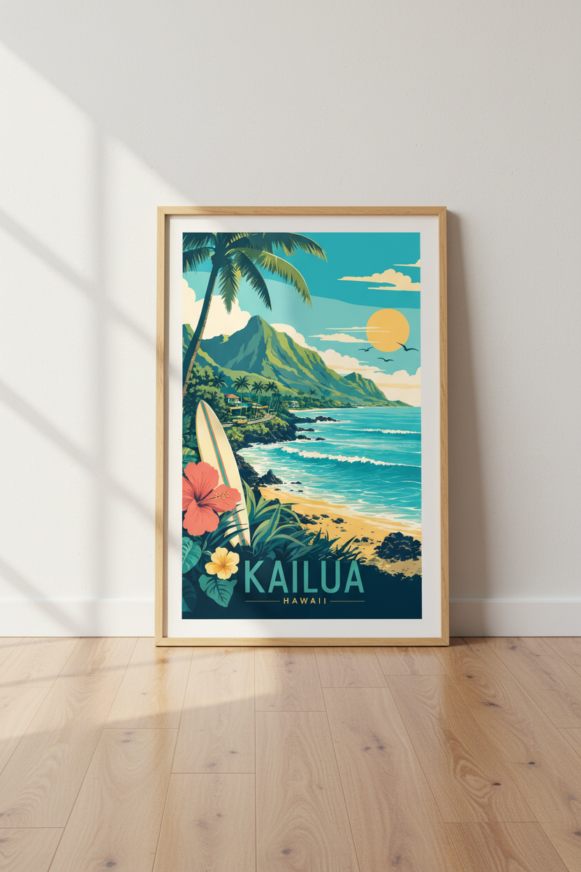 Kailua Hawaii Travel Poster | Vintage Retro Surf Print | Coastal Wall Art