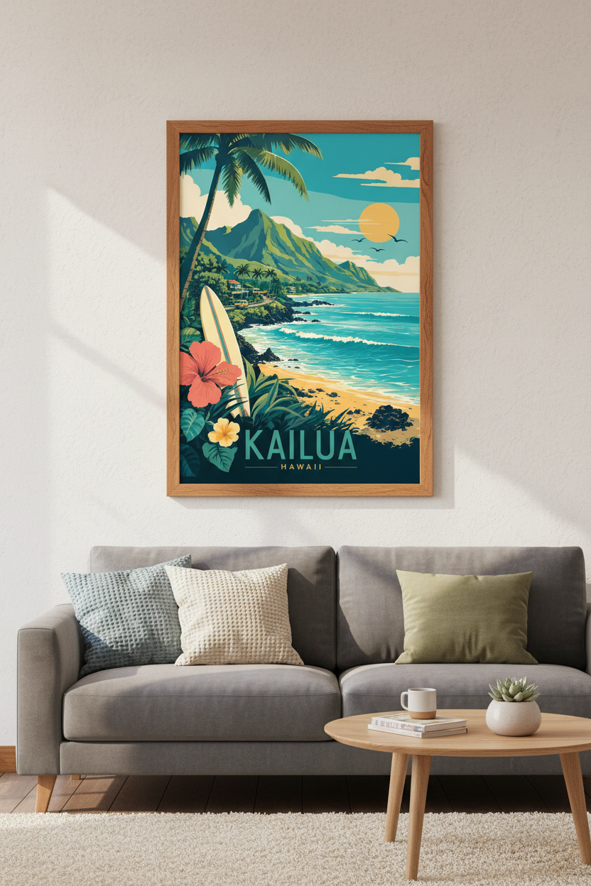 Kailua Hawaii Travel Poster | Vintage Retro Surf Print | Coastal Wall Art