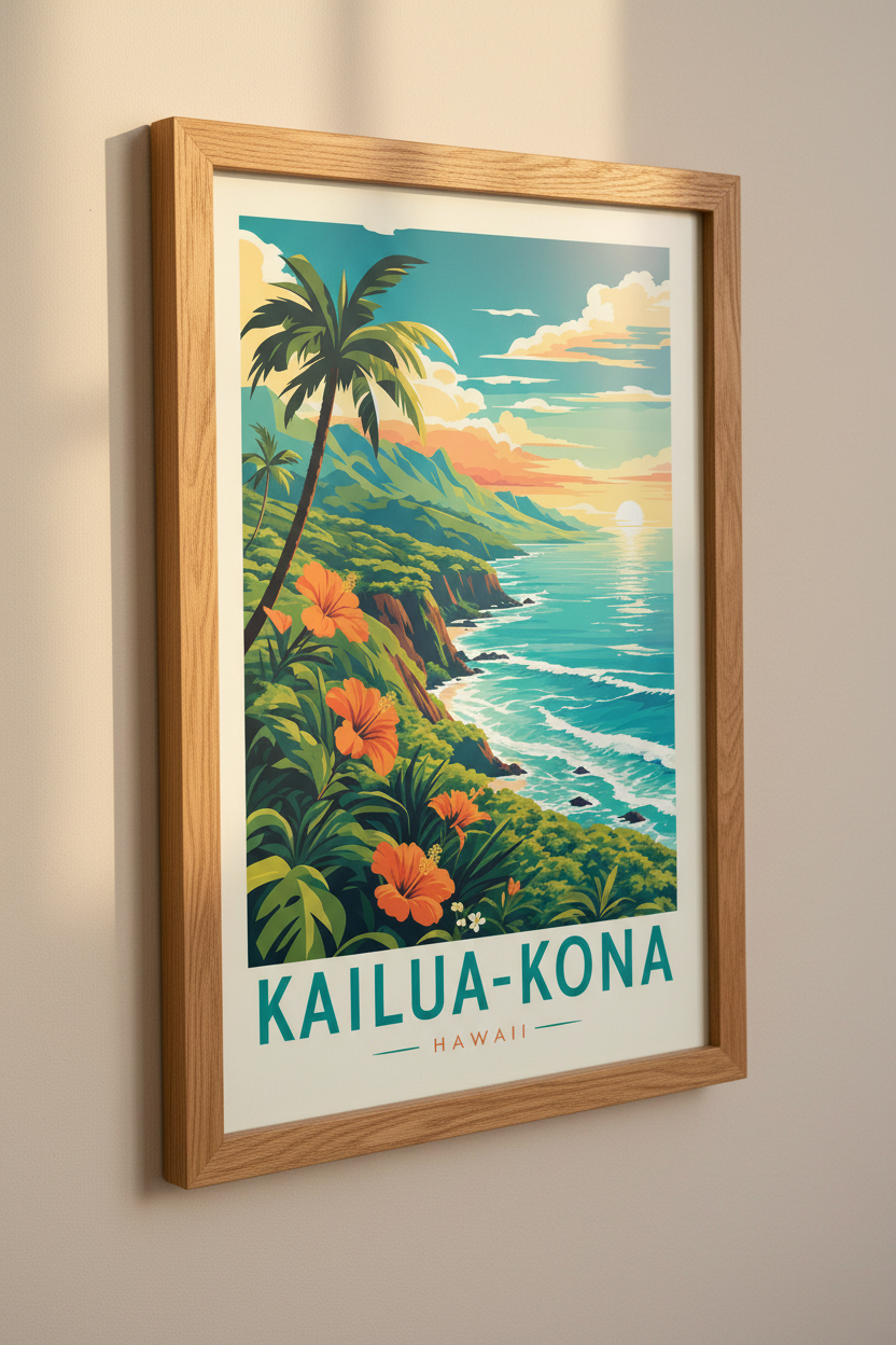Kailua-Kona Hawaii Wall Art Print | Tropical Beach Decor | Vintage Travel Poster