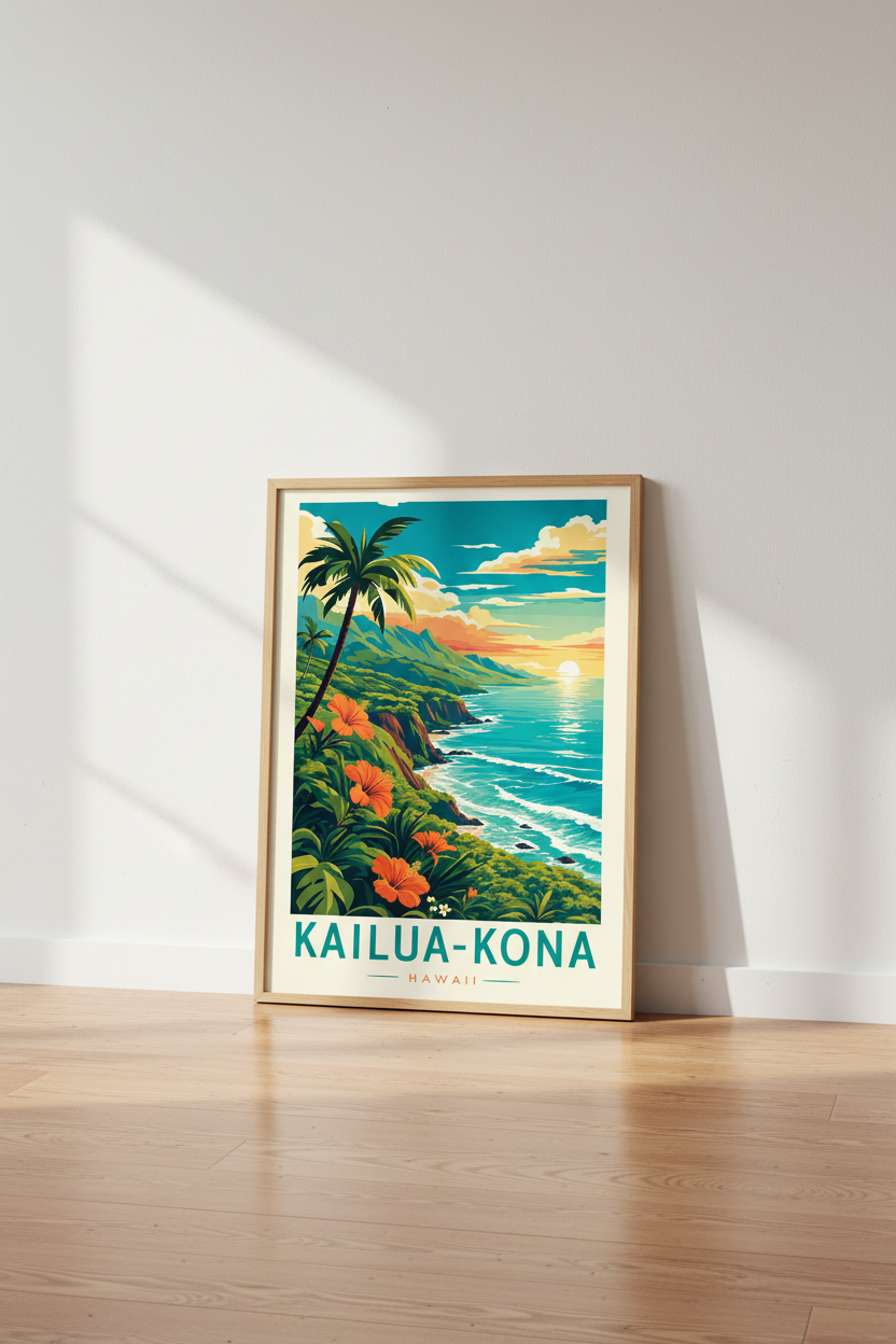 Kailua-Kona Hawaii Wall Art Print | Tropical Beach Decor | Vintage Travel Poster