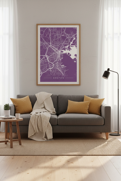 Boston City Map Wall Art | Purple Minimalist Decor | Modern Transit Poster