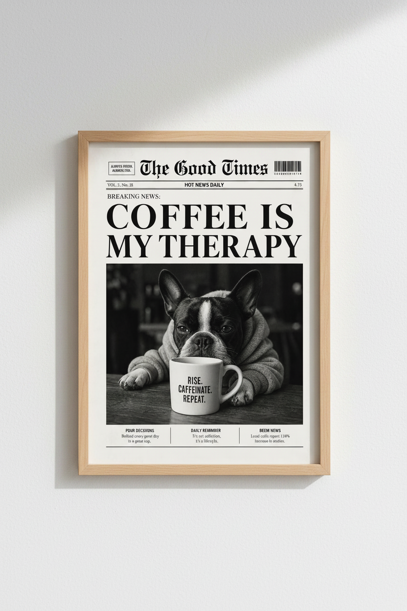 Funny Coffee Wall Art Print | Newspaper French Bulldog Poster | Kitchen &amp; Cafe Decor