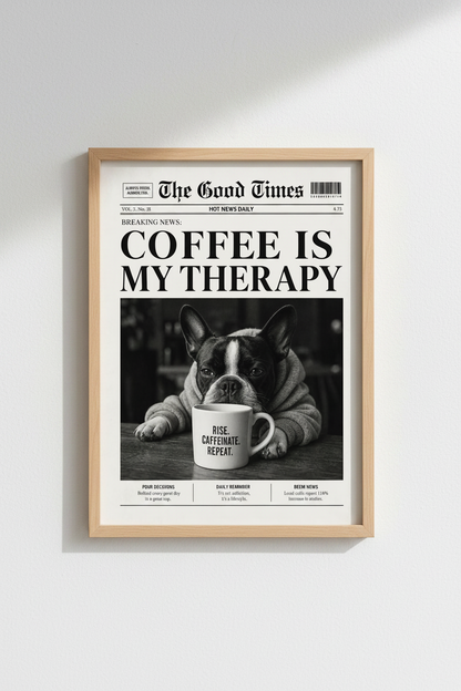 Funny Coffee Wall Art Print | Newspaper French Bulldog Poster | Kitchen &amp; Cafe Decor