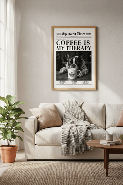 Funny Coffee Wall Art Print | Newspaper French Bulldog Poster | Kitchen &amp; Cafe Decor
