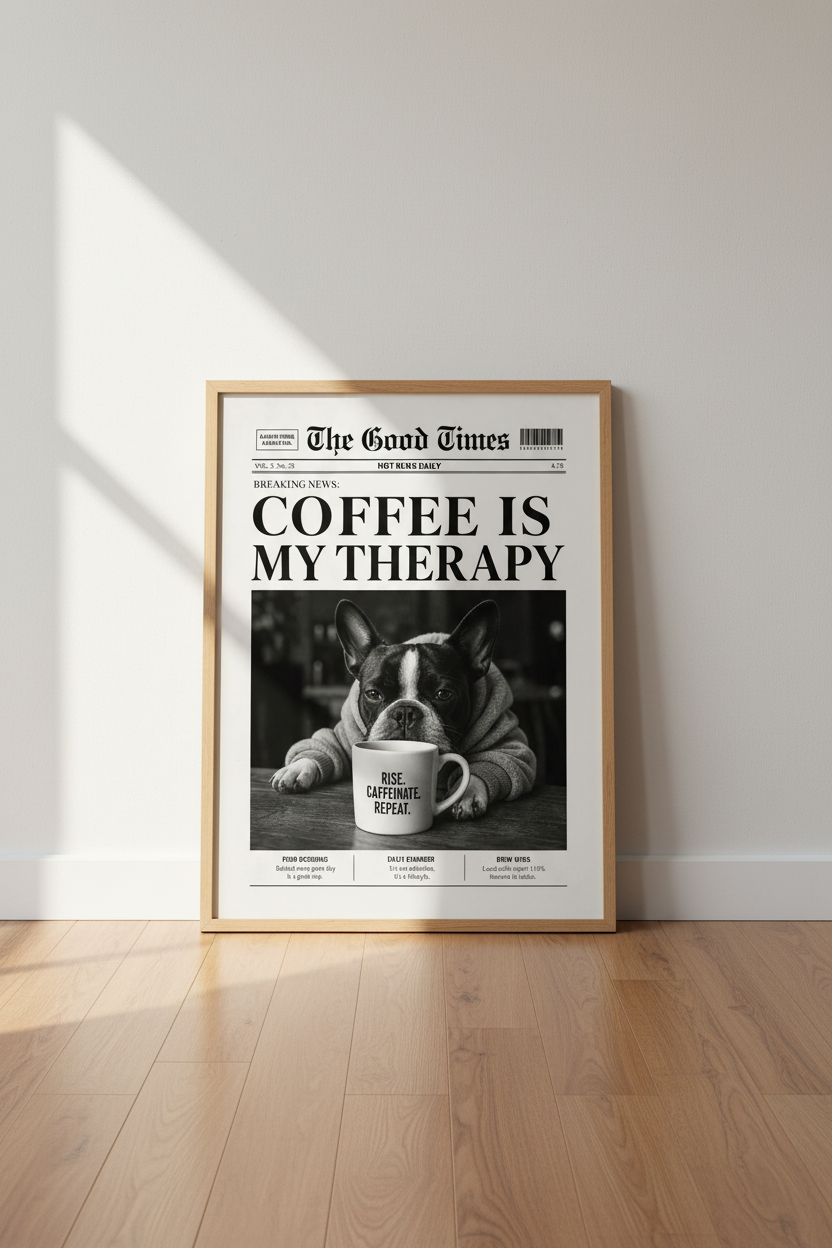 Funny Coffee Wall Art Print | Newspaper French Bulldog Poster | Kitchen &amp; Cafe Decor