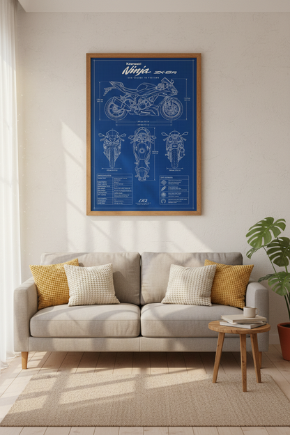 Kawasaki Ninja ZX-6R Blueprint Wall Art | Blue Technical Poster, Garage Decor