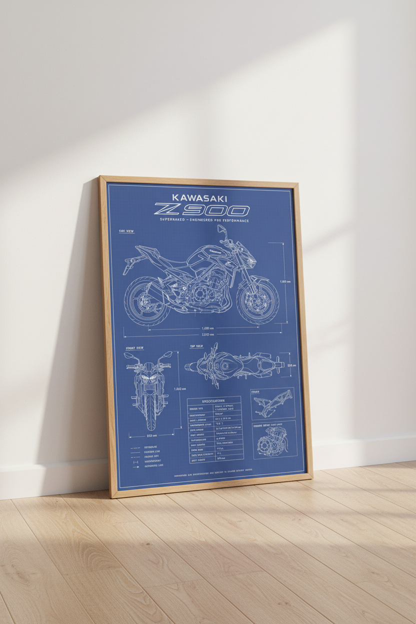 Kawasaki Z900 Blueprint Wall Art | Motorcycle Technical Poster, Garage Decor
