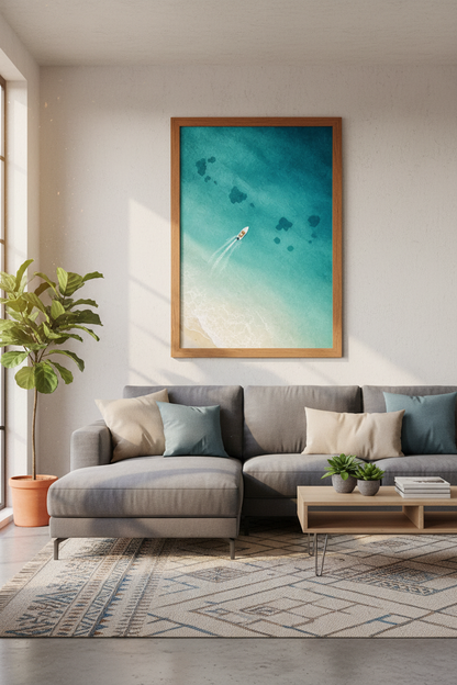 Aerial Ocean Boat Print | Teal Beach Photography, Modern Coastal Wall Art