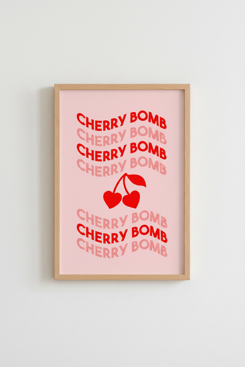 Cherry Bomb Retro Typography Wall Art | Pink Red Dorm Decor | Coquette Poster