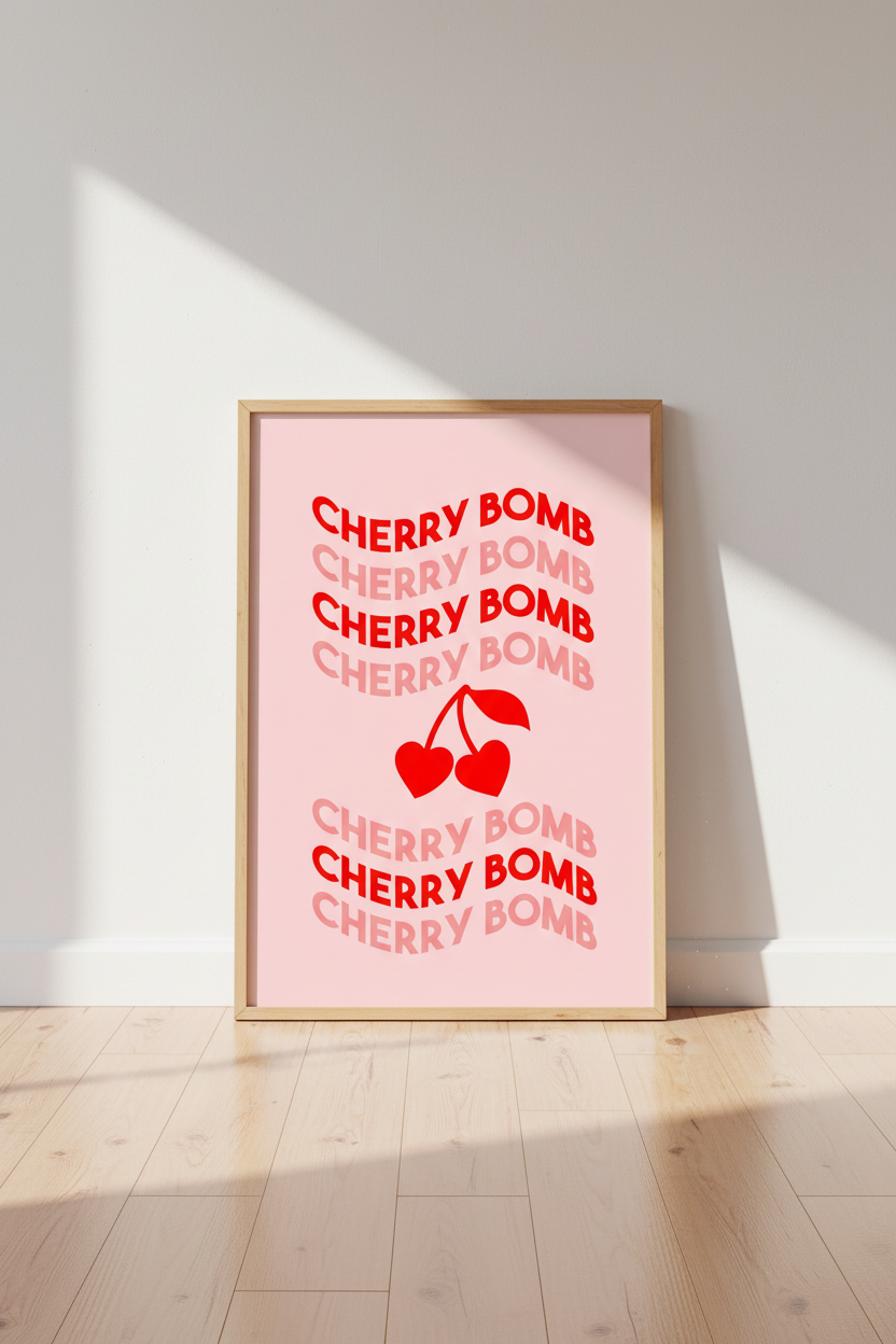 Cherry Bomb Retro Typography Wall Art | Pink Red Dorm Decor | Coquette Poster