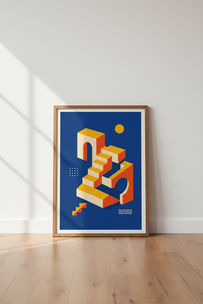 Geometric Stairs Wall Art | Modern Isometric Architecture Print, Blue Orange Poster