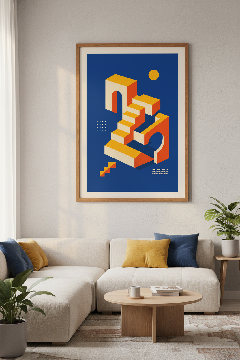 Geometric Stairs Wall Art | Modern Isometric Architecture Print, Blue Orange Poster