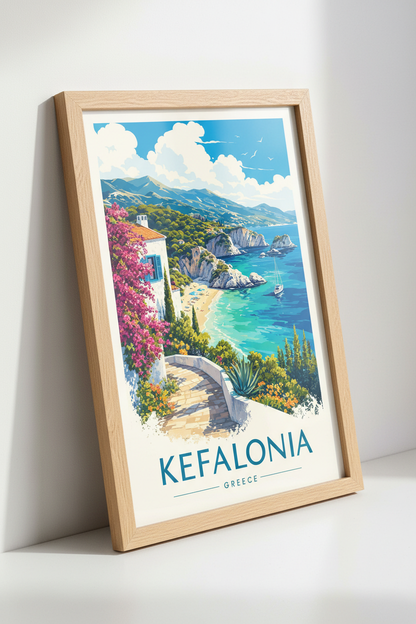 Kefalonia Greece Travel Poster | Mediterranean Coastal Wall Art | Blue Beach Decor