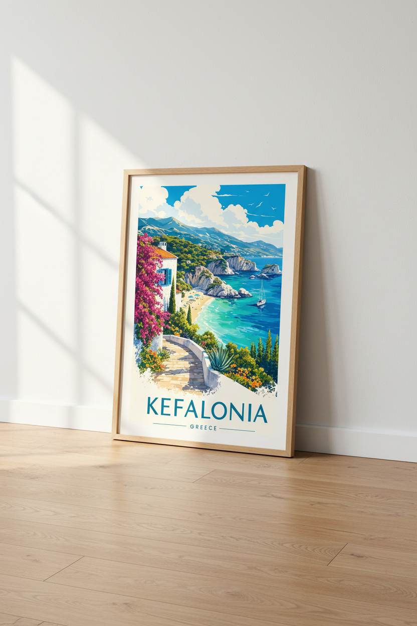 Kefalonia Greece Travel Poster | Mediterranean Coastal Wall Art | Blue Beach Decor